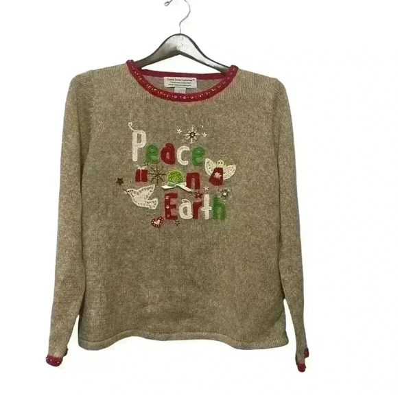 Tiara International Vintage Peace on Earth Ugly Holiday Christmas Sweater L - Picture 1 of 10